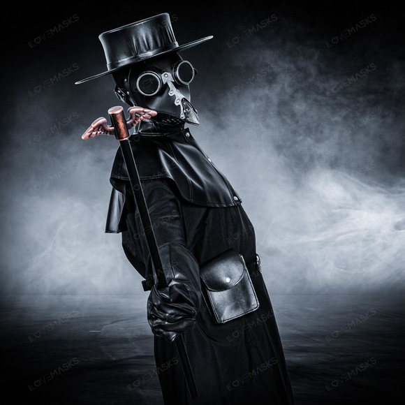 Plague Doctor Full Costume Robe Mask Hat Set - Black Silver - Picture 3 of 6